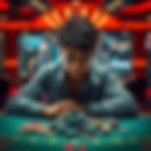 A person sitting at a gaming table with a pile of chips, looking stressed, contemplating whether to continue betting or cash out their winnings.