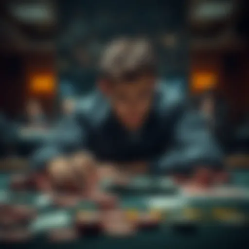 A worried gambler sitting at a poker table, surrounded by chips and cards, reflecting on their losses.