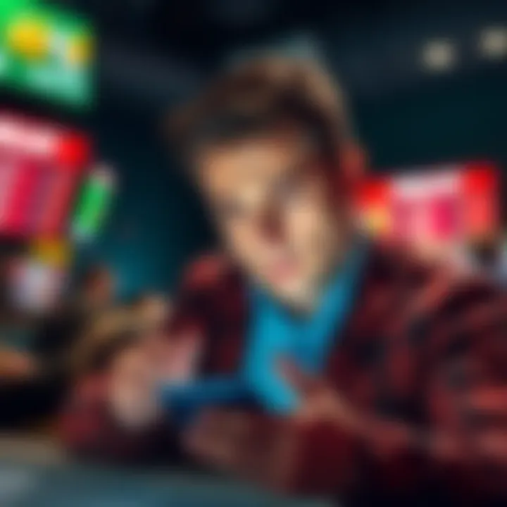 A frustrated gambler looking at a betting app on his phone, showing lost bets and a dejected expression