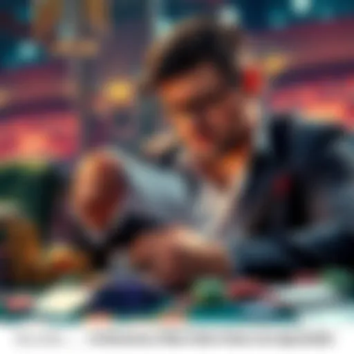 A dejected gambler looking at a betting slip with minimal winnings, reflecting on significant losses, surrounded by gambling items