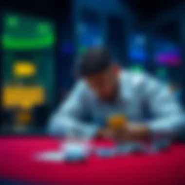 A sad gambler sitting at a table with a casino chip and cash, thinking about a missed chance of winning 4500 from a 5 cashout