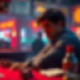 A gambler sits alone at a table, looking pensive after losing several bets, symbolizing a moment of reflection on gambling risks.