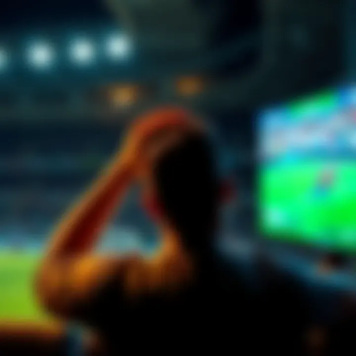 A sad man holding his head in his hands watching a football match on TV, symbolizing the pain of losing money on bets