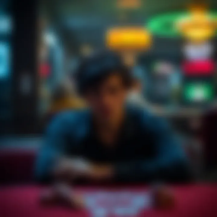 Gambler Reflecting on Choices A person sitting alone at a table with a thoughtful expression, showing a mix of emotions after a gambling win, symbolizing reflection and decision-making.