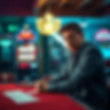 Gambler Reflecting on Losses A thoughtful gambler sitting at a table with empty slot machine in the background, contemplating past wins and losses in betting, with a sports betting slip nearby.