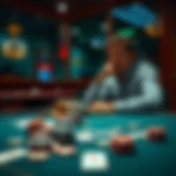 A person sitting at a table with a notebook, looking thoughtful about their betting choices, with cards and chips scattered around