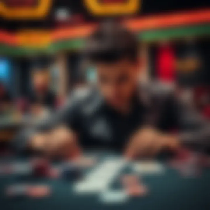 A person thoughtfully setting a budget for gambling at a table with chips and cards.