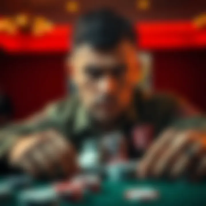 Gambler's Struggle A former soldier looks worried at a poker table, surrounded by chips and cards, showing the emotional toll of gambling