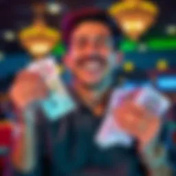 A person smiling while holding betting slips and cash, showing excitement over a big win with a small initial bet.