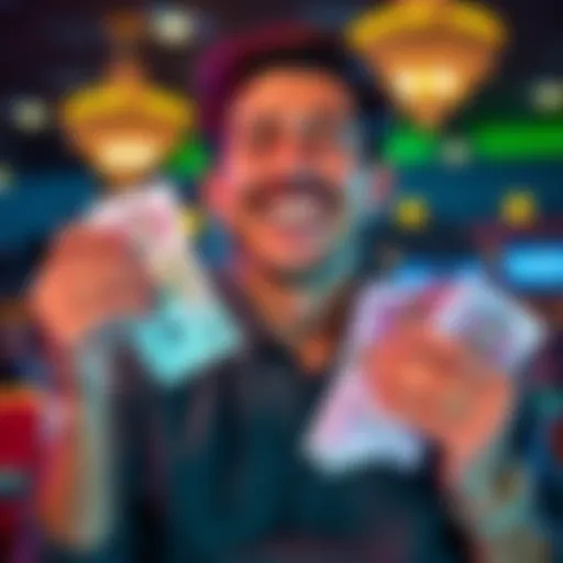 Successful gambler and betting strategies A person smiling while holding betting slips and cash, showing excitement over a big win with a small initial bet.