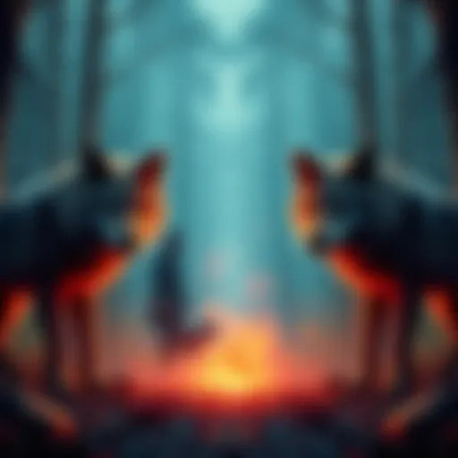 A gambler faces two wolves A tense scene of a gambler standing confidently against two wolves in a forest setting, illustrating the battle of luck and strategy.