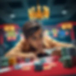 A person looks frustrated at a gambling table, surrounded by chips and cards, representing the highs and lows of gambling addiction