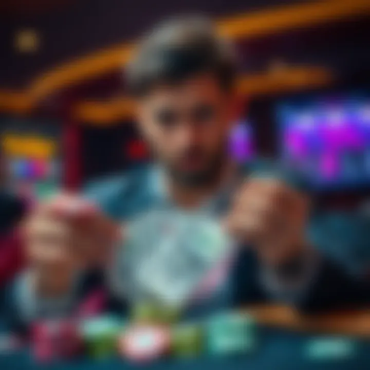 A man holding casino chips and cash, showcasing his gambling success story.