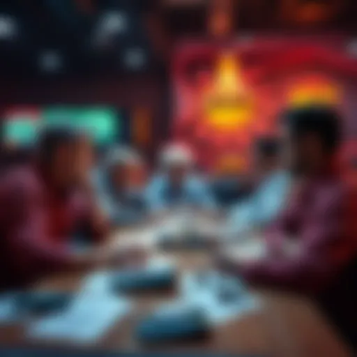 A group of people engaged in conversation about improving betting strategies at a table with betting slips and calculators
