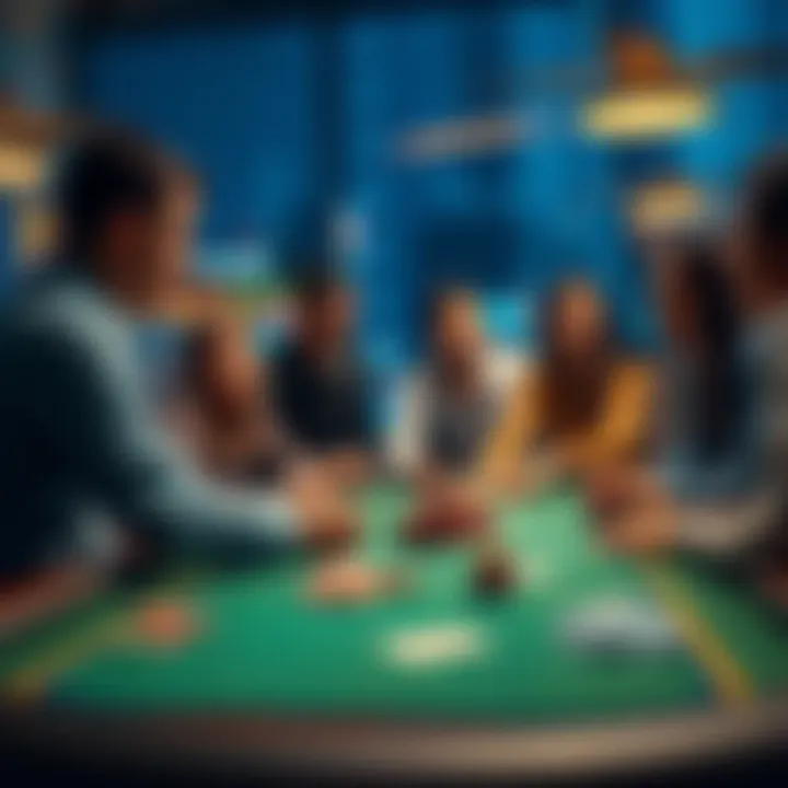 Group of people discussing their gaming experiences and patterns around a table with cards and chips