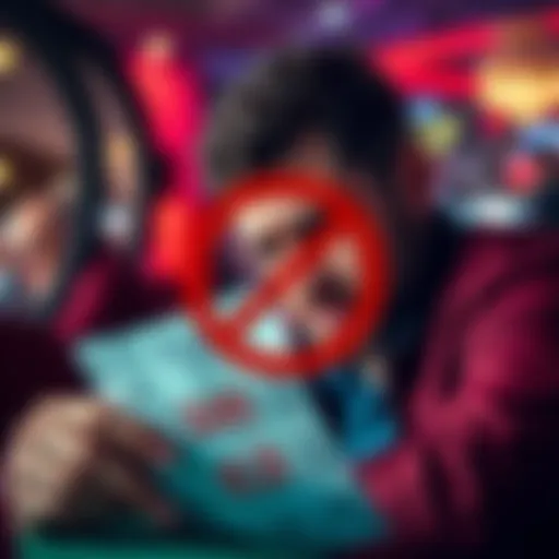 A frustrated gambler looking at a betting slip with a red prohibition sign over it, symbolizing a ban after a loss.