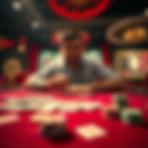 A person sitting at a gaming table, looking excited while placing a bet of 2,000. Money is spread out on the table, and cards are visible, creating a tense atmosphere.