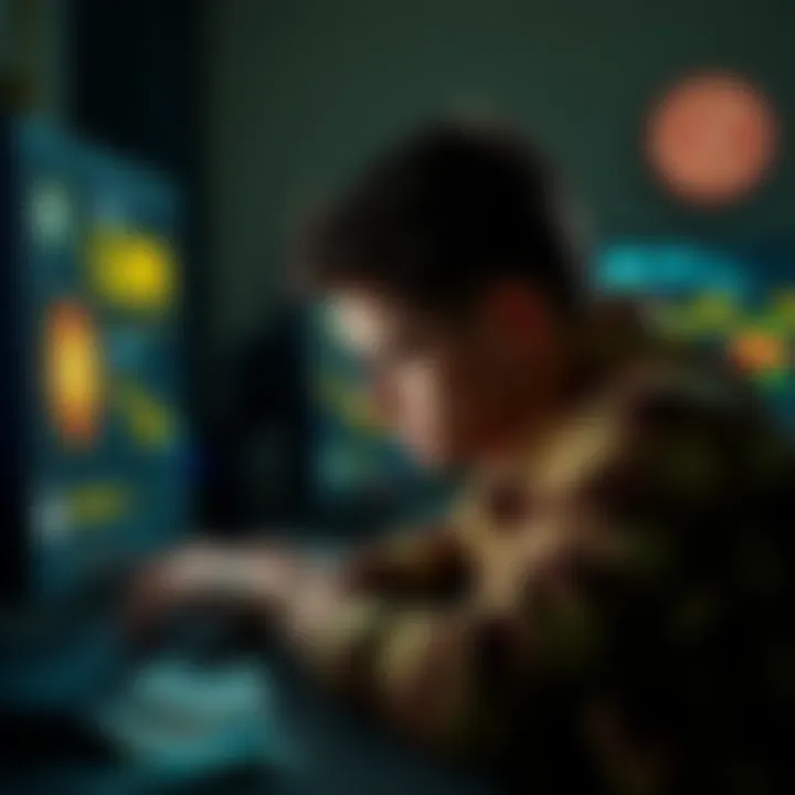 A player looking distressed while staring at a computer screen with gambling graphics, showing financial losses, with cash scattered around.