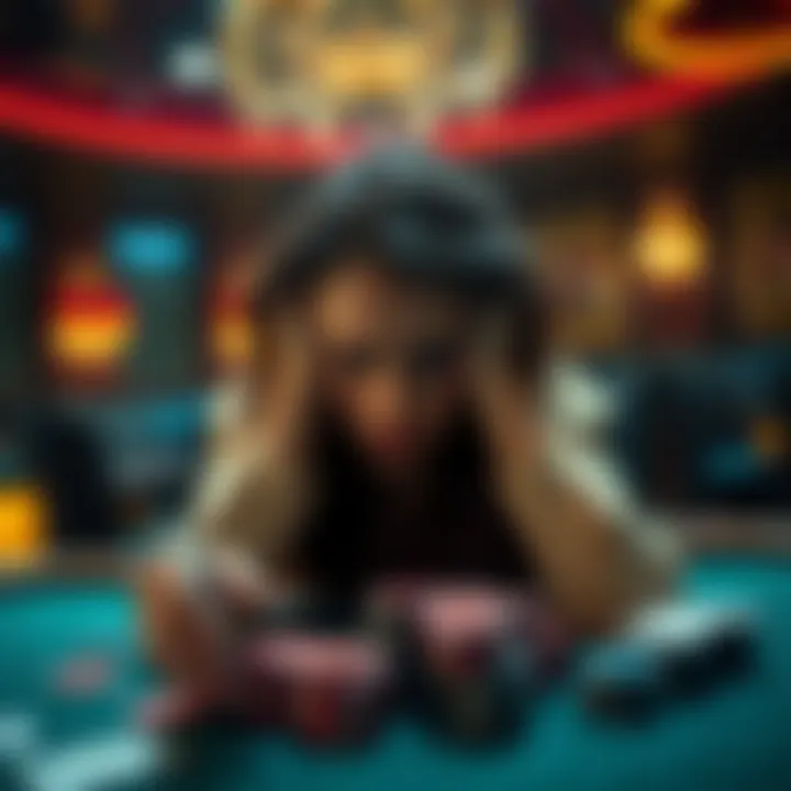 A woman looking distressed while playing Baccarat, surrounded by cards and chips, symbolizing the emotional toll of gambling losses.