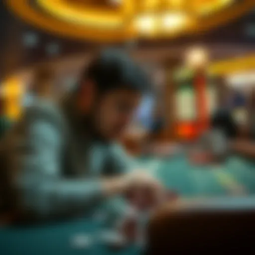 A distressed man looking at gambling chips and a casino table in Vancouver, reflecting on his lost money after a relapse.