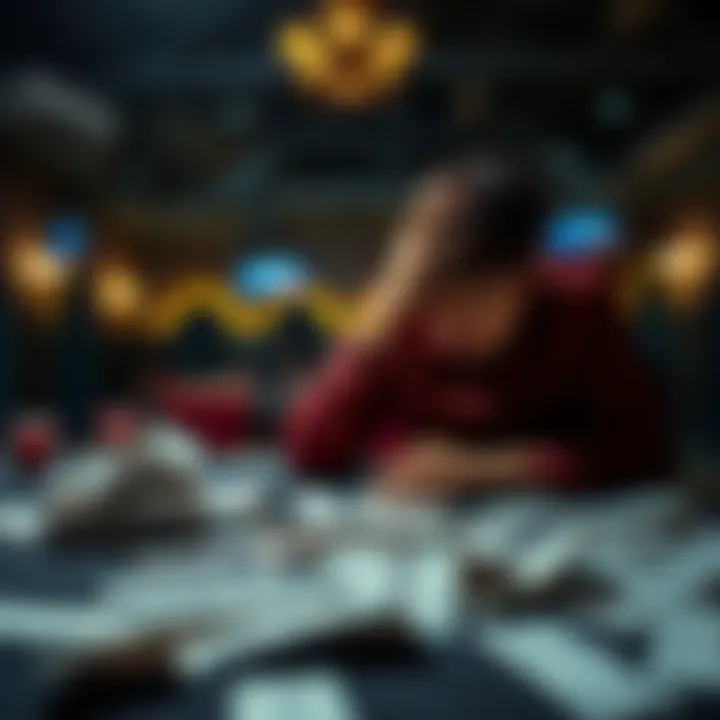 A person sits alone at a table with betting slips scattered around and a look of despair on their face, symbolizing the struggle with gambling addiction.