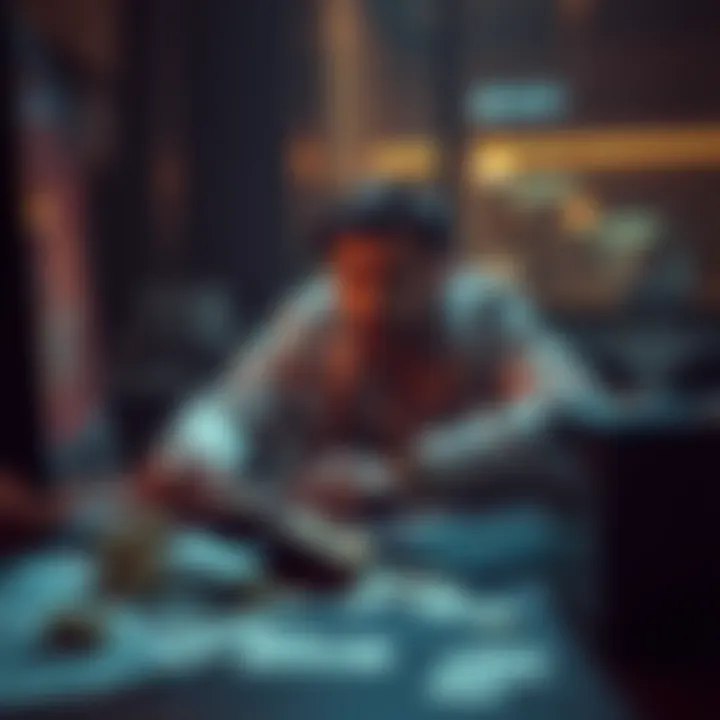 A distressed person sits at a computer with empty wallet and bills scattered around, representing the impact of online gambling.