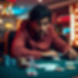A person with a troubled expression sits at a gambling table, surrounded by chips and cards, showing the emotional struggle of gambling addiction