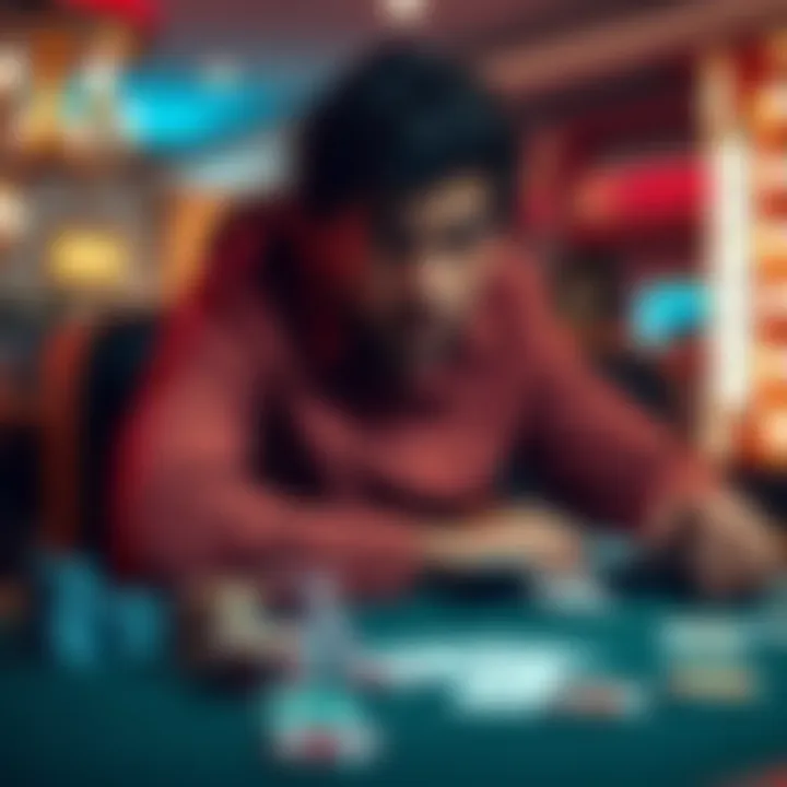 A person with a troubled expression sits at a gambling table, surrounded by chips and cards, showing the emotional struggle of gambling addiction