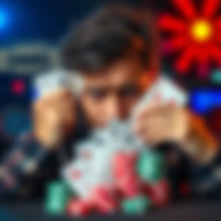 A person looks distressed while holding playing cards and chips, symbolizing the struggles of gambling addiction.