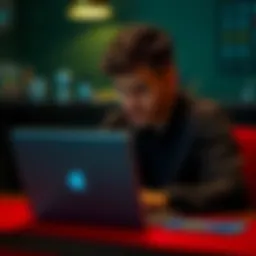 A person sitting at a table looking at a closed laptop with a determined expression, symbolizing commitment to sobriety after a gambling loss.