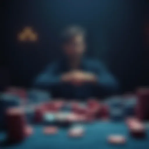 A somber individual sits at a table stacked with gambling chips, with an empty chair indicating lost opportunities. The atmosphere suggests a life consumed by gambling addiction.