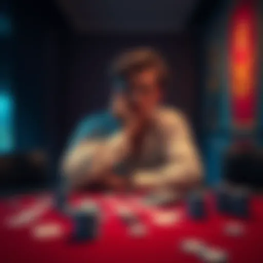 Individual sitting alone, looking pensive with cards and chips scattered on the table, symbolizing the struggle with gambling addiction.