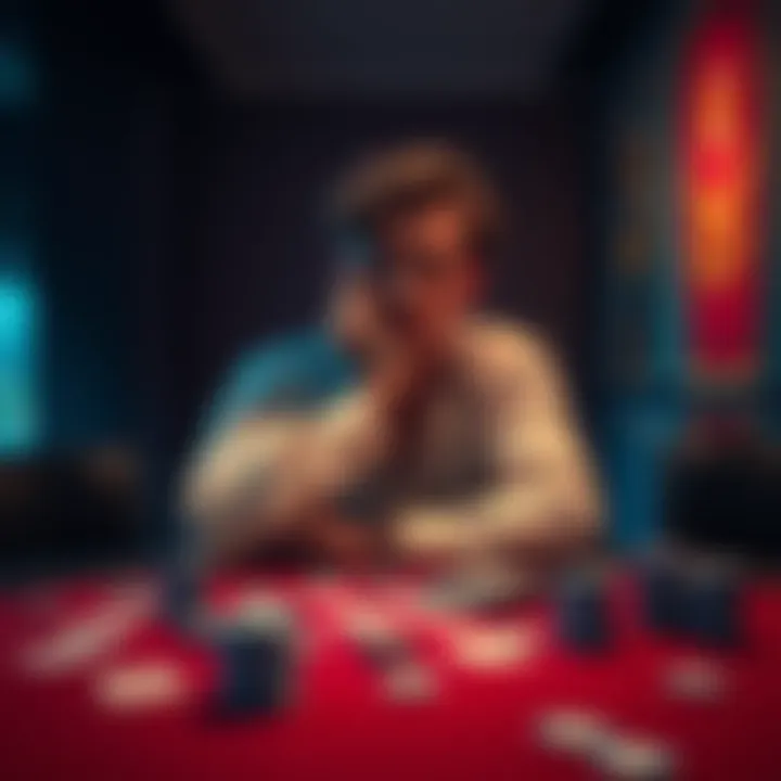 Individual sitting alone, looking pensive with cards and chips scattered on the table, symbolizing the struggle with gambling addiction.