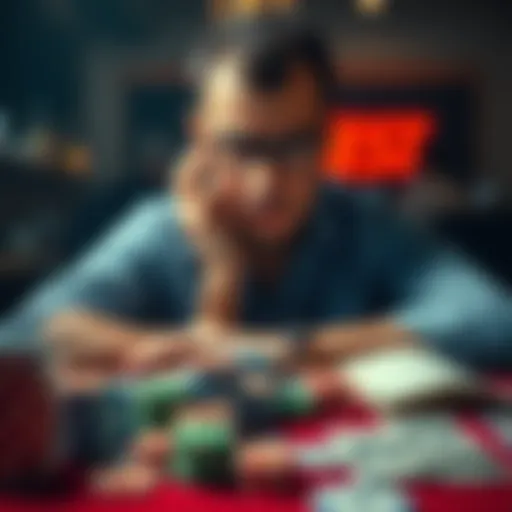 A man sitting at a table with a worried expression, surrounded by gambling chips and bills, symbolizing his battle with gambling addiction.