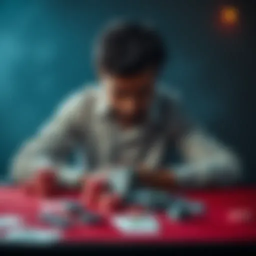 A person sitting alone at a table, looking distressed, with cards and chips scattered around, symbolizing the battle against gambling addiction.