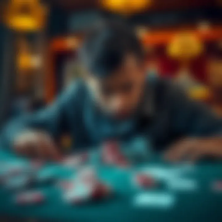 Struggling with Gambling Addiction A person looking distressed while sitting at a table with gambling chips and cards scattered around, symbolizing the struggle with addiction.