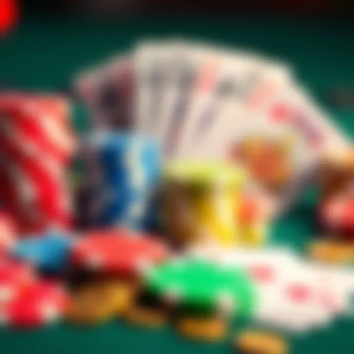 A close-up of colorful gambling chips and a baccarat table with a deck of cards in the background, representing winnings and losses in Vegas.