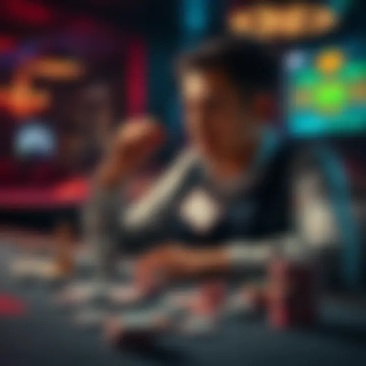 Person considering gambling choices A person sitting at a table, looking thoughtfully at money and gambling chips, reflecting on their betting decisions.