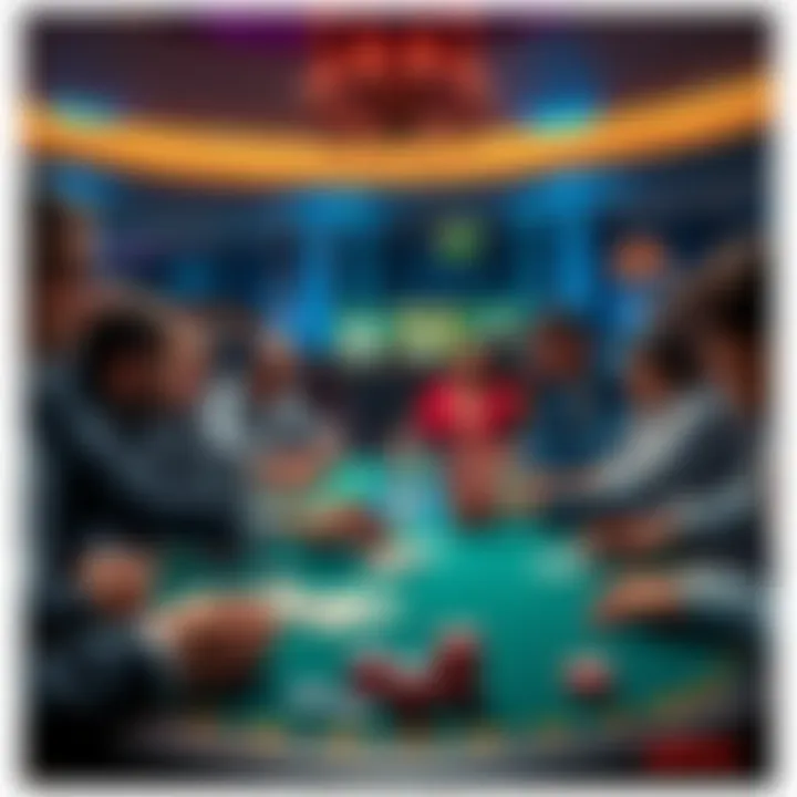 A lively scene showing people around a casino table engaged in gambling, with chips and cards in front of them, reflecting excitement and tension in the air.