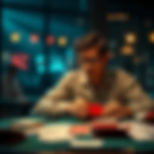 A person sitting at a table with empty wallets and losing betting slips, looking frustrated.