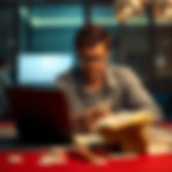 A person sitting at a table looking worried with bills and a laptop showing financial graphs related to gambling debt.