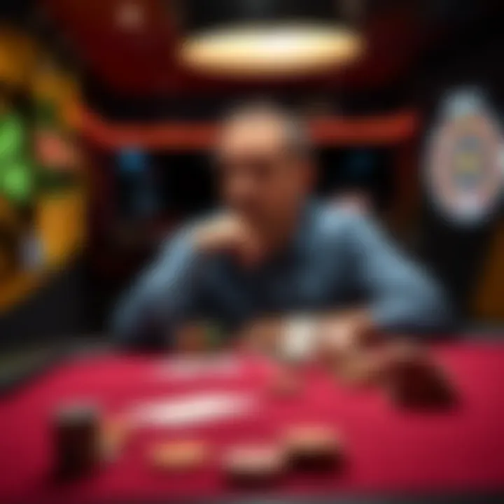 A person sitting at a gaming table, contemplating whether to continue betting or cash out their winnings, with chips and cards in front of them