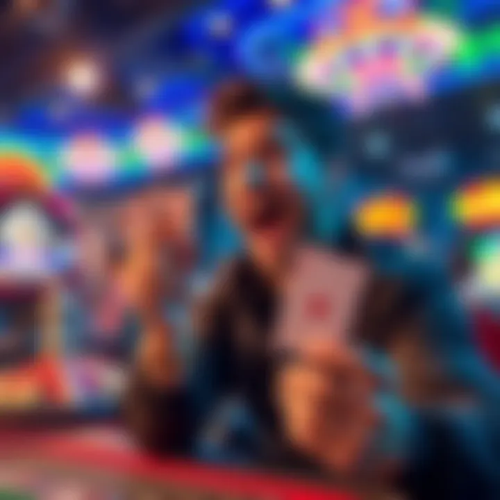 A person looking excited while holding a playing card and a stack of chips in a lively gaming environment