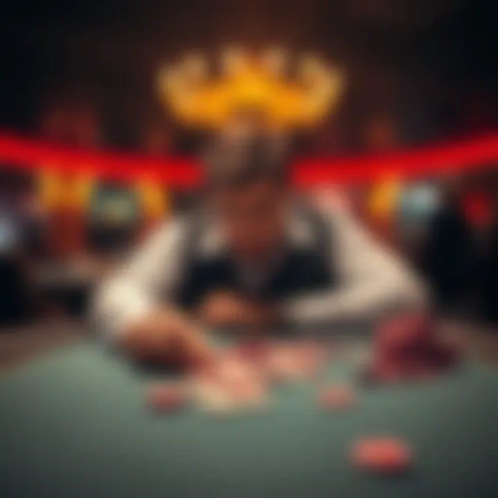 A distressed gambler sitting at a casino table, looking at lost chips, reflecting on their experience