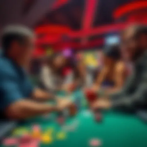 A group of friends gathered around a poker table, laughing and playing cards. Colorful chips and cards spread on the table show excitement.