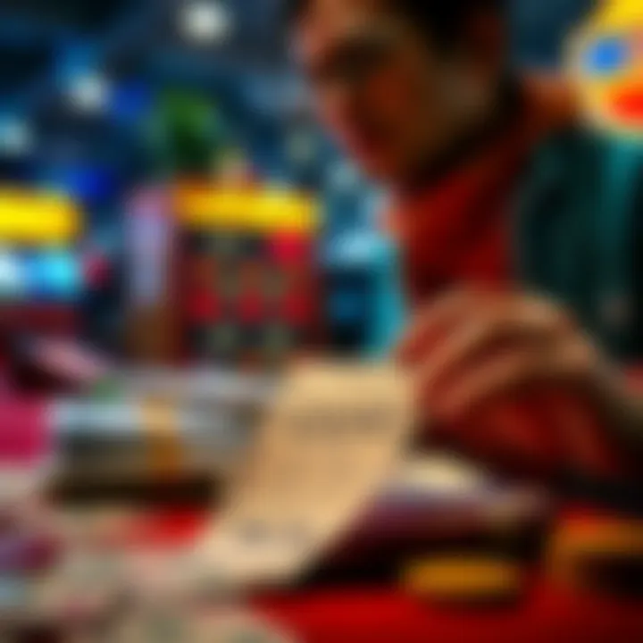 A person looks at a lottery ticket while a stack of money lies nearby, showing concerns about fairness in gambling.