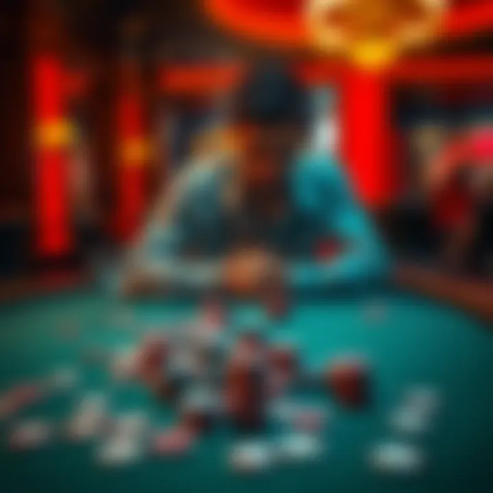 A person sitting at a gaming table, looking dejected with poker chips scattered around and empty drink glasses, representing the emotional toll of gambling addiction.