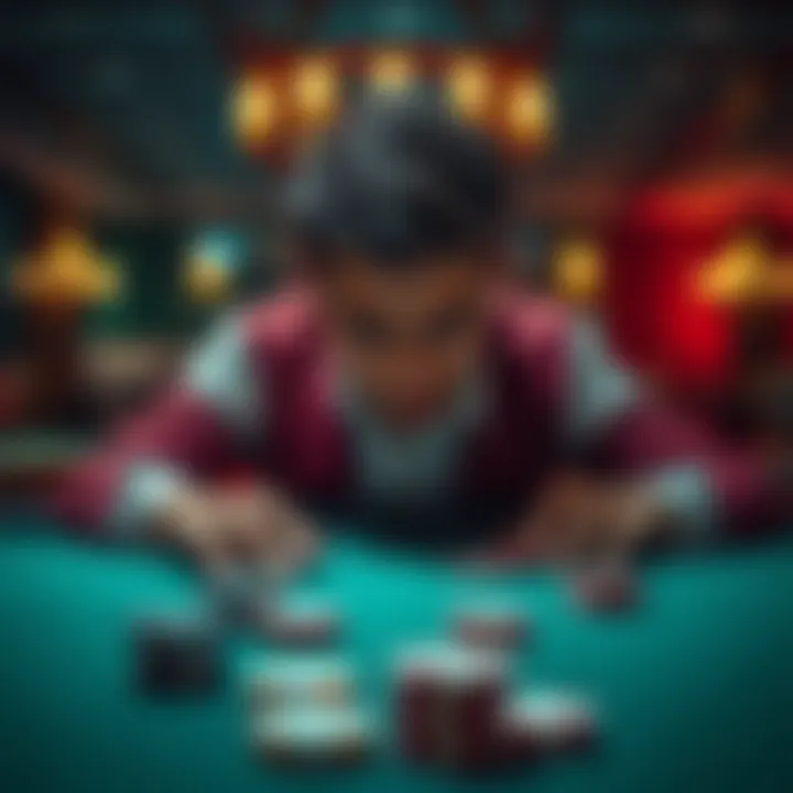 A distressed person staring at a gambling table with empty chips, reflecting on a recent big loss.