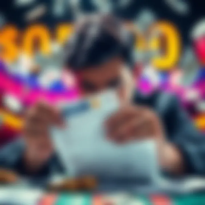 A person looks distressed while reviewing a betting slip, with a background of money and game graphics, representing a significant gambling loss.