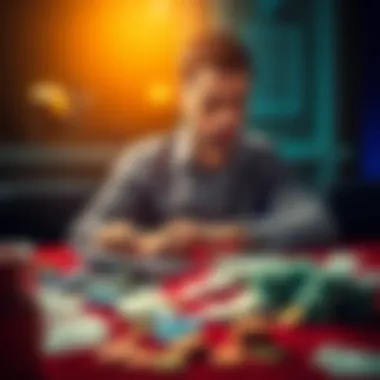 A person sits at a table with bills and a calculator, looking concerned while reviewing their gambling losses.